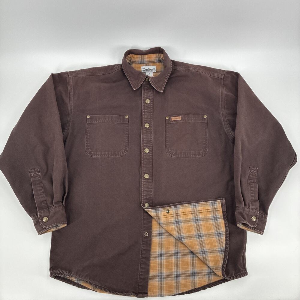 Vintage Carhartt Shirt Jacket Men Medium Brown Duck Canvas Flannel Lined S96DKB - Picture 2 of 15